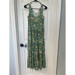 Peruvian Connection Maxi Dress Xs Tiered Green Floral Pima Cotton Modal Spandex